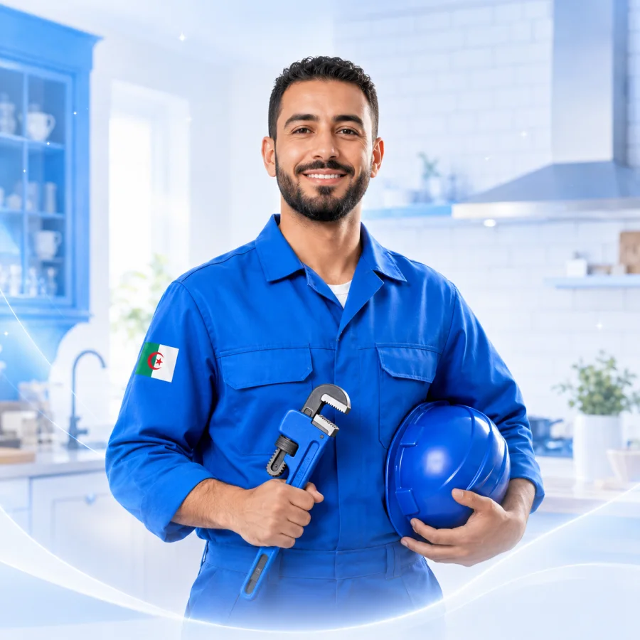 سبّاك يبتسم ممسكاً بخوذته ومفتاح أنابيب